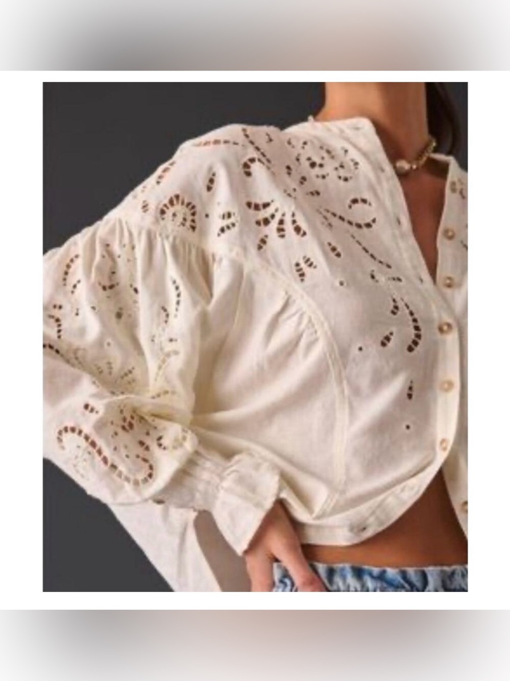 Anthropologie Pilcro Structured Eyelet Blouse Cream Button-Front Shirt Size S - Picture 1 of 17